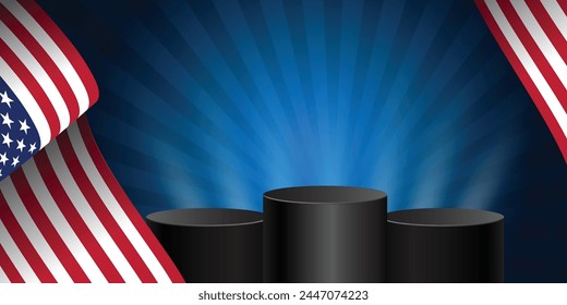 4th July of usa, american independence day ceremonial with podium product display and the American flag, celebration poster banner template.