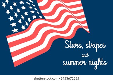 4th of July USA. Banner with waving American national flag and lettering text. Vector illustration