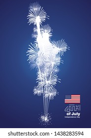 4th of July USA big firework shining Liberty statue silhouette blue background