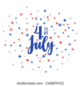 4th of July USA and color confetti of stars. Blue and red american colors. Independence day design. Vector card design. Greeting badge, emblem, card, poster, design element on white