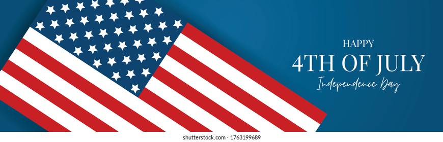 4th of July USA flag banner or header. United States of America Independence Day holiday design with lettering. Vector illustration.