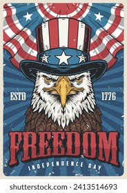 4th july USA flyer colorful eagle in hat in American flag colors for apartment decoration for independence day vector illustration