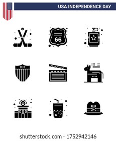 4th July USA Happy Independence Day Icon Symbols Group of 9 Modern Solid Glyphs of usa; shield; american; american; hip Editable USA Day Vector Design Elements