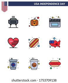 4th July USA Happy Independence Day Icon Symbols Group of 9 Modern Flat Filled Lines of map; hotdog; movies; american; american Editable USA Day Vector Design Elements