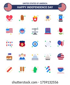4th July USA Happy Independence Day Icon Symbols Group of 25 Modern Flats of smart phone; cell; food; medal; independece Editable USA Day Vector Design Elements