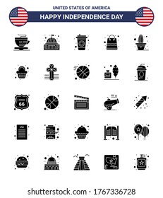 4th July USA Happy Independence Day Icon Symbols Group of 25 Modern Solid Glyph of plant; cactus; bottle; shop; money Editable USA Day Vector Design Elements