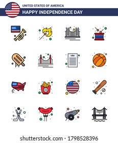 4th July USA Happy Independence Day Icon Symbols Group of 16 Modern Flat Filled Lines of independence; drum; bridge; day; tourism Editable USA Day Vector Design Elements