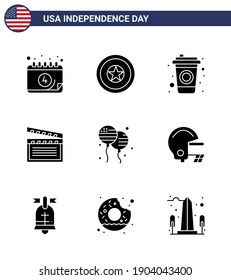 4th July USA Happy Independence Day Icon Symbols Group of 9 Modern Solid Glyphs of fly; bloon; bottle; usa; movis Editable USA Day Vector Design Elements