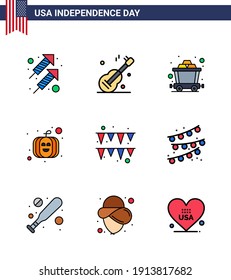 4th July USA Happy Independence Day Icon Symbols Group of 9 Modern Flat Filled Lines of buntings; garland; cart; festival; pumpkin Editable USA Day Vector Design Elements
