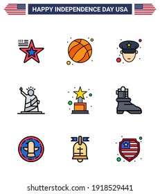 4th July USA Happy Independence Day Icon Symbols Group of 9 Modern Flat Filled Lines of award; usa; man; statue; liberty Editable USA Day Vector Design Elements