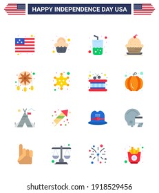 4th July USA Happy Independence Day Icon Symbols Group of 16 Modern Flats of decoration; thanksgiving; drink; sweet; dessert Editable USA Day Vector Design Elements