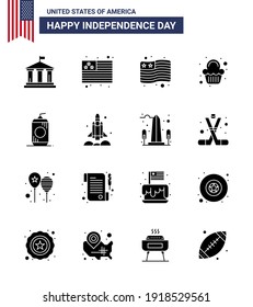 4th July USA Happy Independence Day Icon Symbols Group of 16 Modern Solid Glyphs of spaceship; launcher; party; usa; cola Editable USA Day Vector Design Elements