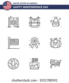 4 de julio Estados Unidos Feliz Día de la Independencia Símbolos de ícono Grupo de 9 modernas líneas de insignia; unida; paisaje urbano; estados; elementos de diseño de vectores de USA Day editable en efectivo