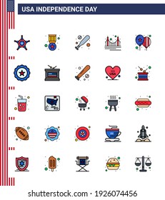 4th July USA Happy Independence Day Icon Symbols Group of 25 Modern Flat Filled Lines of celebrate; tourism; baseball; landmark; gate Editable USA Day Vector Design Elements
