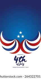 4th of July USA Happy Independence Day Social Media banner poster. Handwritten USA color shaped abstract eagle wings symbol typography calligraphy lettering with stars on blue white background