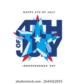 4th of July USA Happy Independence Day emblem and greeting card. USA stars over blue compact bold typography lettering message 4th of July on white background