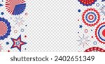 4th of July, USA Independence Day vector banner template. Transparent background with paper stars, and paper fan in USA flag colors. Material design for greeting cards, flyer layout, and posters.