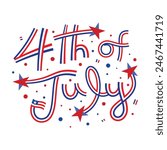 4th of July USA Independence Day greeting card lettering design with red, blue, and white stripes also waving United States national flag and stars. Vector illustration. 
