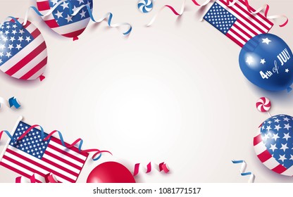 4th of July. USA independence day celebration background with balloons, flag and confetti. Festive border flat lay. Vector illustration