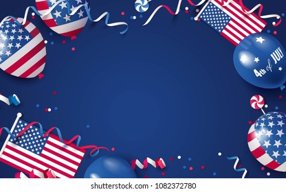 4th of July. USA independence day celebration background with balloons, flag and confetti. Festive frame flat lay. Vector illustration