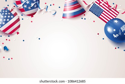 4th Of July. USA Independence Day Celebration Background With Balloons, Flag And Confetti. Festive Border Flat Lay. Vector Illustration