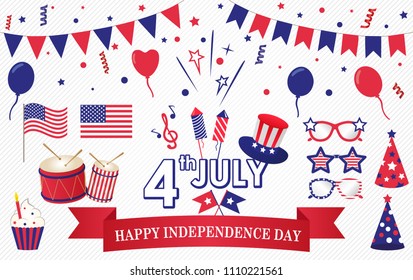 4th of July. USA Independence Day. Congratulatory inscription and holiday attributes.