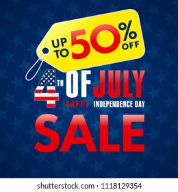 4th Of July USA, Independence Day Sale promotion banner. Fourth of july sale flyer, Discount special offer up to 50% off on yellow label. Online store, Sale vector background