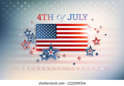 4th of July USA Independence Day background with USA flag, Celebrate Freedom text, stars on shiny abstract background inspired by the United States flag. Impressive American design! Vector