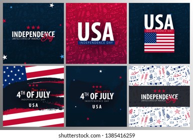 4th of July. USA independence day celebration banners with Hand draw doodle background, American flag. Vector illustration