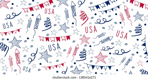 4th of July. USA independence day celebration banner. Hand draw doodle pattern. Vector illustration