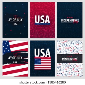 4th of July. USA independence day celebration banners with Hand draw doodle background, American flag. Vector illustration