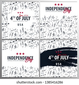 4th of July. USA independence day celebration banners with Hand draw doodle background, American flag. Vector illustration