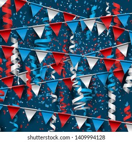 4th of July USA Independence Day celebration. Vector background with bunting, confetti, and ribbons .
