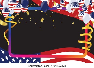 4th of july usa independence day, vector template with american flag and colored balloons on blue shining starry background. Fourth of july, USA national holiday