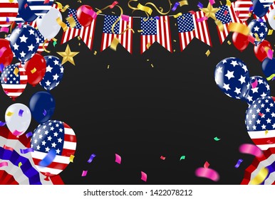 4th of july usa independence day, vector template with american flag and colored balloons on blue shining starry background. Fourth of july, USA national holiday