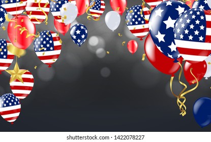 4th of july usa independence day, vector template with american flag and colored balloons on blue shining starry background. Fourth of july, USA national holiday