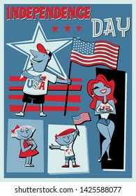 4th of July USA Independence Day Patriotic Family Illustration Vintage Posters from the 1960s Style, American Flag and Symbols 