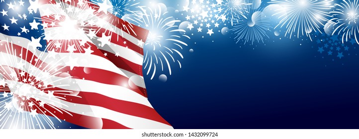 4th of july USA Independence day banner background design of American flag with fireworks vector illustration