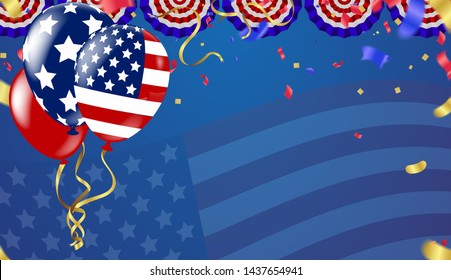 4th of july usa independence day, vector template with american flag and colored balloons on blue shining starry background. Fourth of july, USA