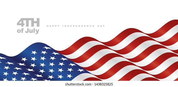 4th July USA Independence Day Waving Flag Blue Red White Background Banner