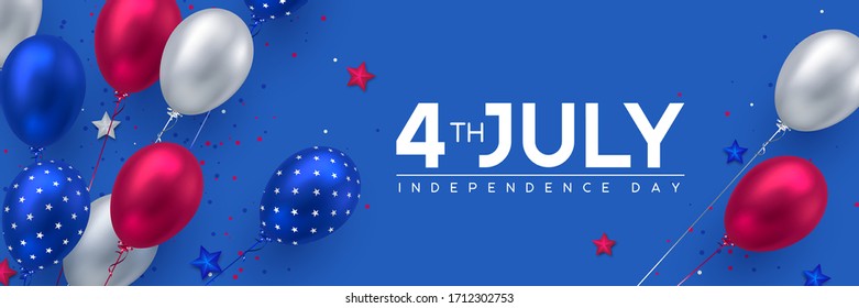 4th of July, USA Independence day banner. Glossy balloons in colors of American flag with confetti and stars. Vector illustration.