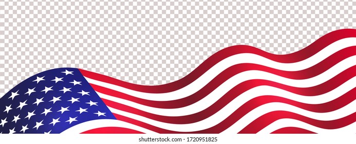 4th of July USA Independence Day. Waving american flag isolated on transparent background. Design element for sale, discount, advertisement, web. Place for your text