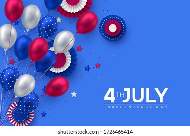 4th of July, USA Independence day banner. Glossy balloons in colors of American flag with confetti, paper fans and stars. Vector illustration.