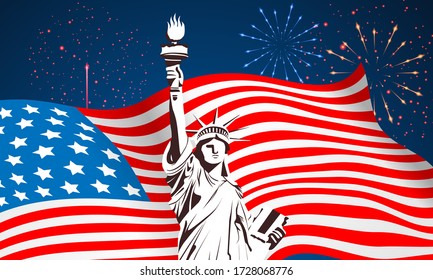 4th of July USA Independence Day Vector Background With liberty of statue, American Flag and Fire Works for banner, poster, advertisement, promotion, brochure, discount, sale