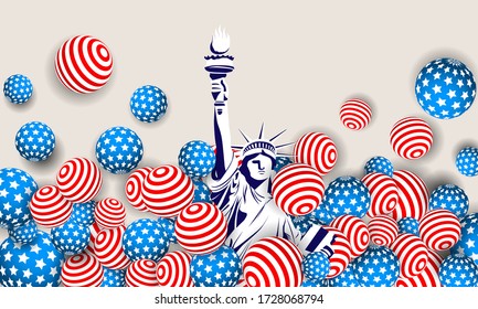 4th of July USA Independence Day Vector Background With liberty of statue and American Theme Balls for banner, poster, advertisement, promotion, brochure, discount, sale
