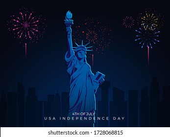 4th of July USA Independence Day Vector Background With liberty of statue and Fire Works for banner, poster, advertisement, promotion, brochure, discount, sale