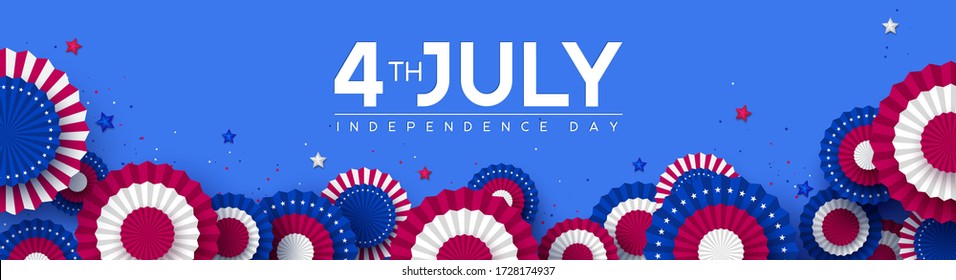 4th of July, USA Independence day banner. Paper fans in colors of American flag with confetti and stars. Vector illustration.