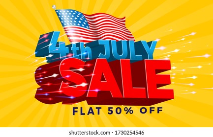 4th of July USA Independence Day Sale Background with American Flag and wire works effect for banner, poster, advertisement, promotion, voucher, brochure, discount, sale, template