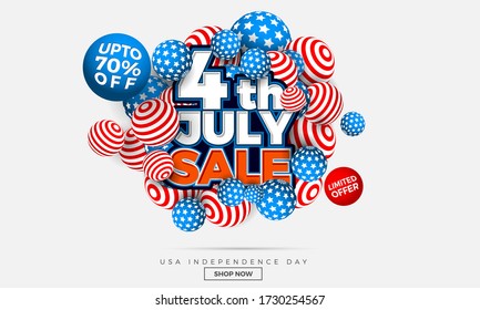 4th of July USA Independence Day Sale Background with American Theme Balls for banner, poster, advertisement, promotion, voucher, brochure, discount, sale, template