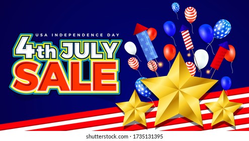 4th of July USA Independence Day Sale Background with American theme balloons, golden stars and fire crackers for banner, poster, advertisement, promotion, voucher, brochure, discount, sale, template